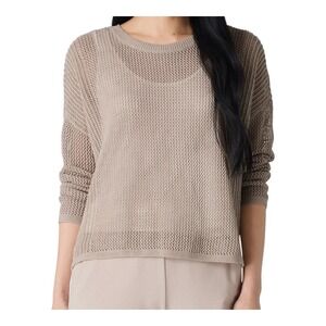 EILEEN FISHER Open Knit Crew Neck‎ Sweater Beige Lightweight Sheer Relaxed Sz M